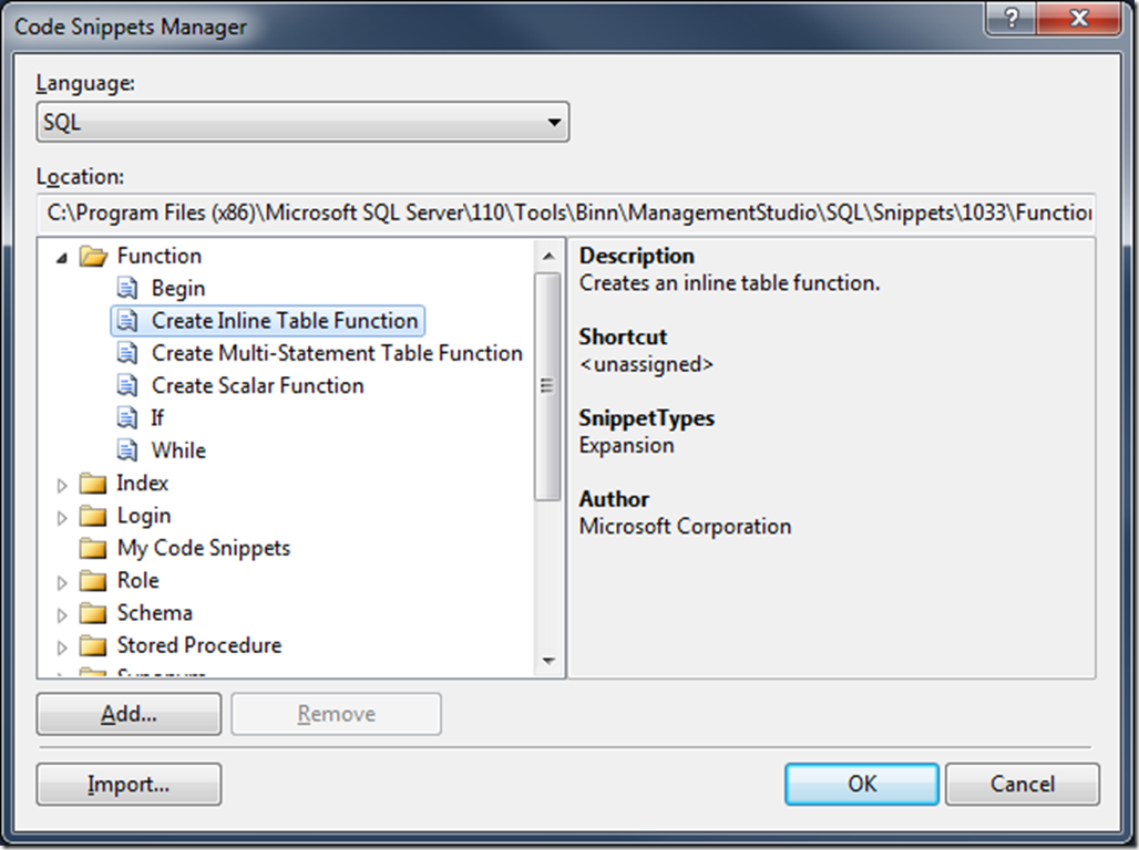 SSMS Denali - Code Snippets Manager